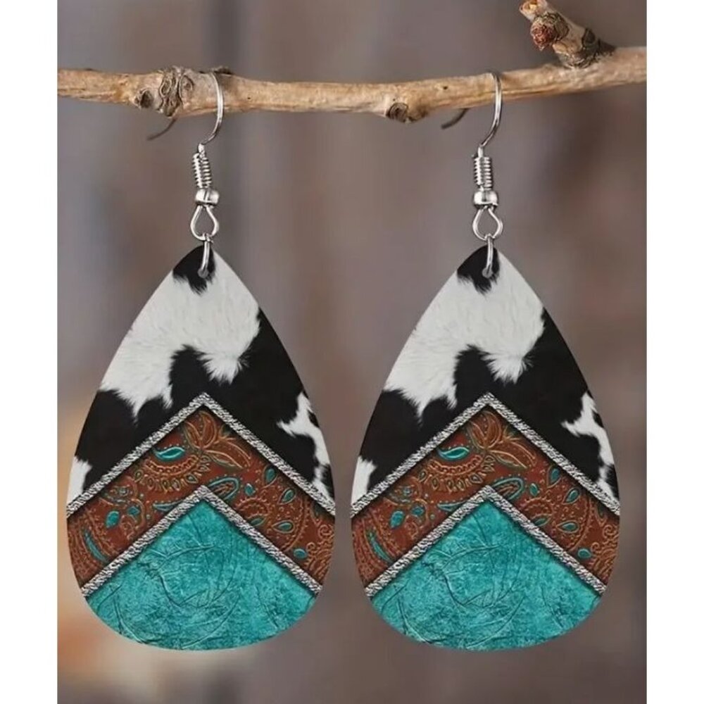 Boho Western Teardrop Earrings For Women Leather‎ & Faux Fur Turquoise/Brown NEW